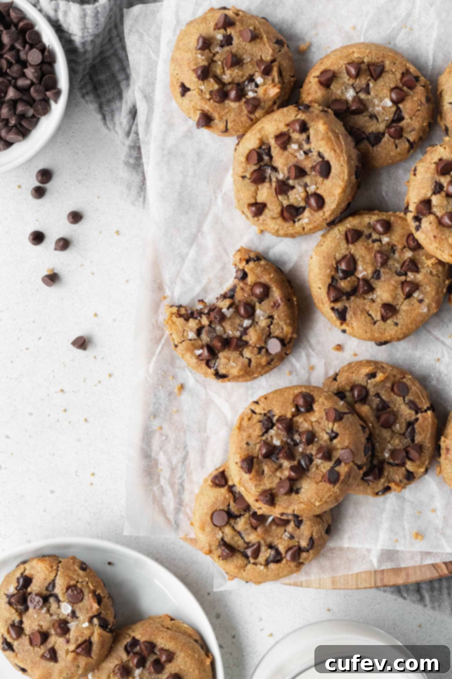 A selection of freshly baked chocolate chip chickpea cookies arranged on parchment paper.