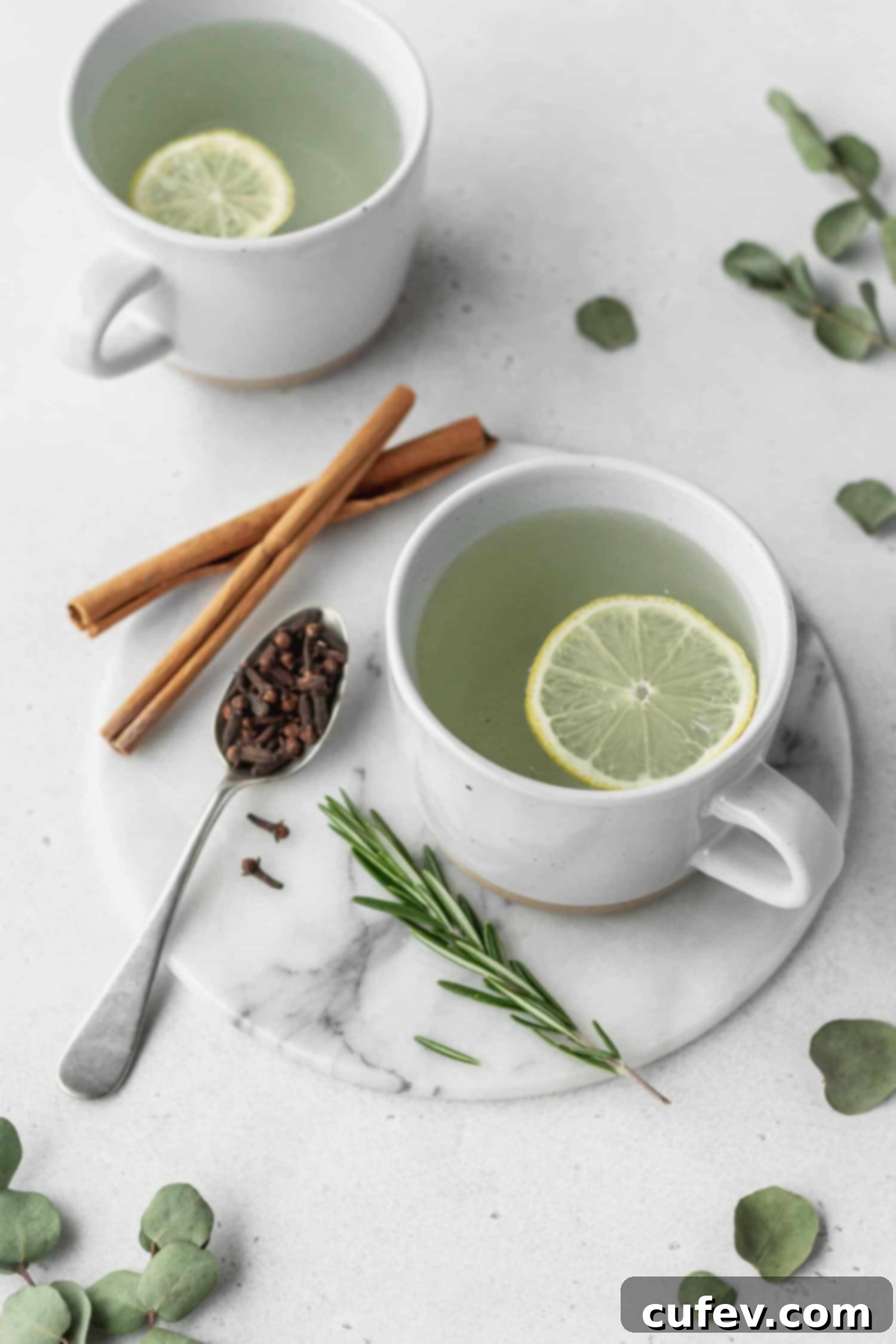 Thieves tea in a mug with a lemon slice