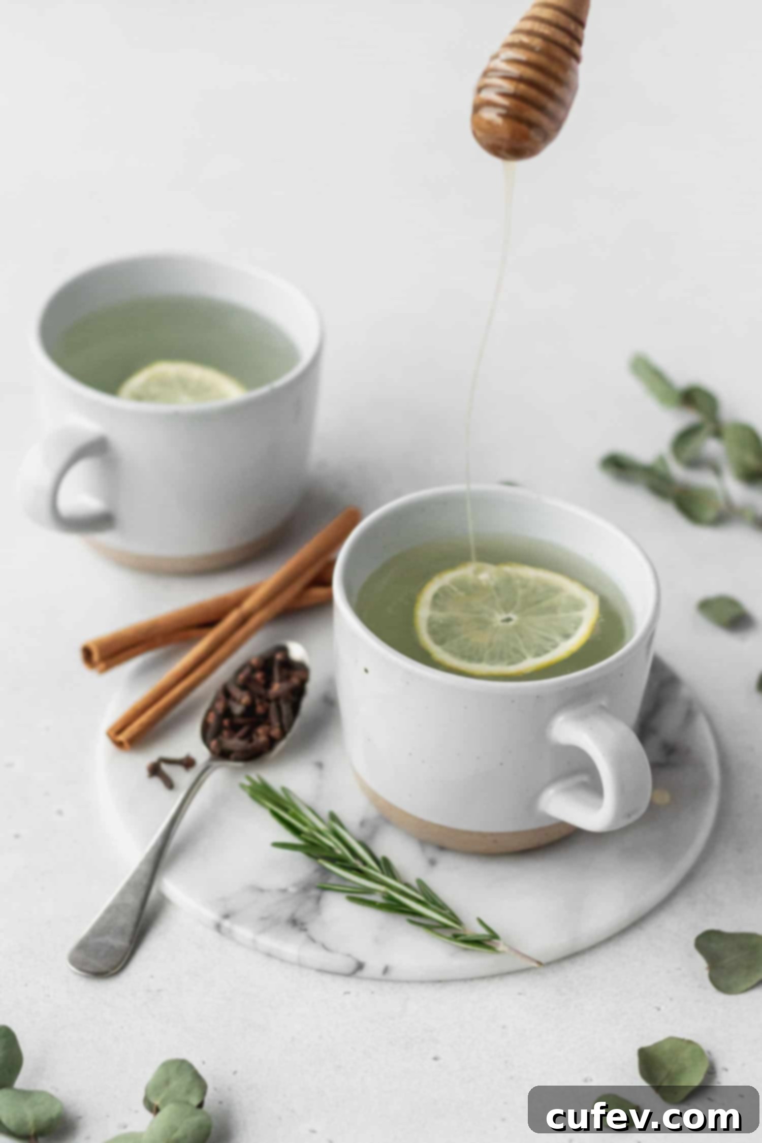 Thieves drink with lemon, rosemary, cloves, and cinnamon sticks