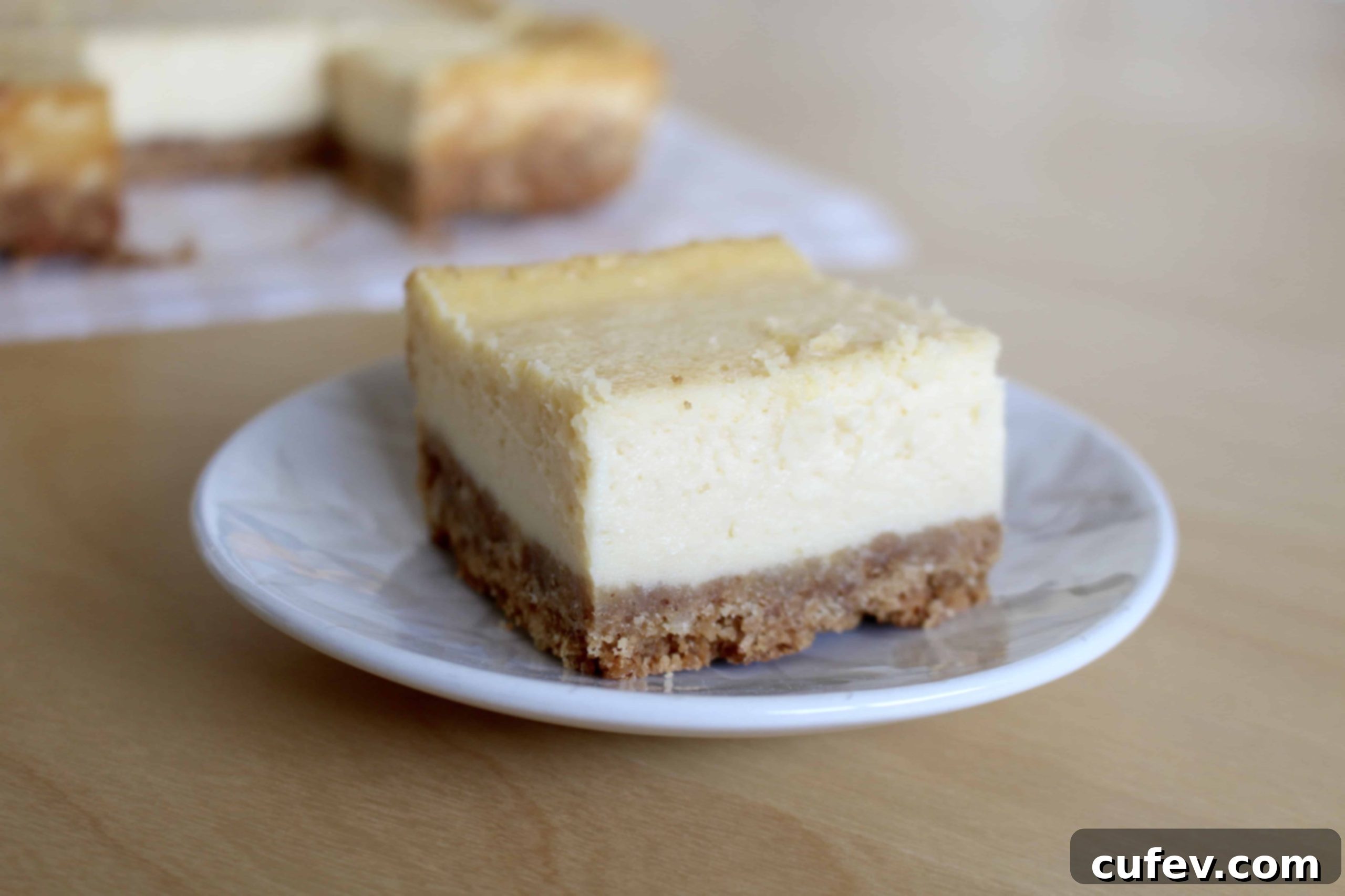 A single perfect cheesecake bar, showcasing its creamy texture and crust