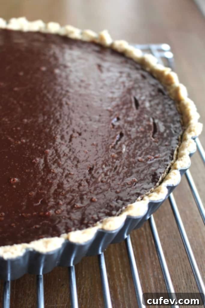 Velvet Bailey's Chocolate Delight 4 A whole Bailey's chocolate tart, beautifully baked and ready for topping, highlighting the smooth surface of the chocolate filling.