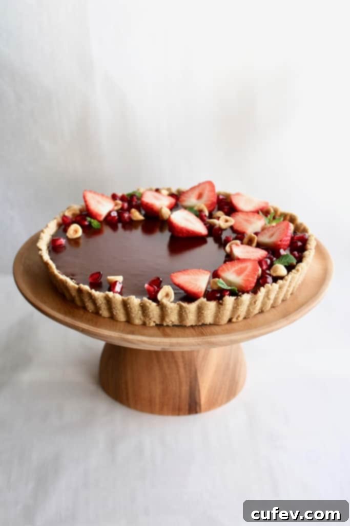 Velvet Bailey's Chocolate Delight 5 Elegant dark chocolate tart with a reflective ganache topping, garnished with colorful fresh fruit.