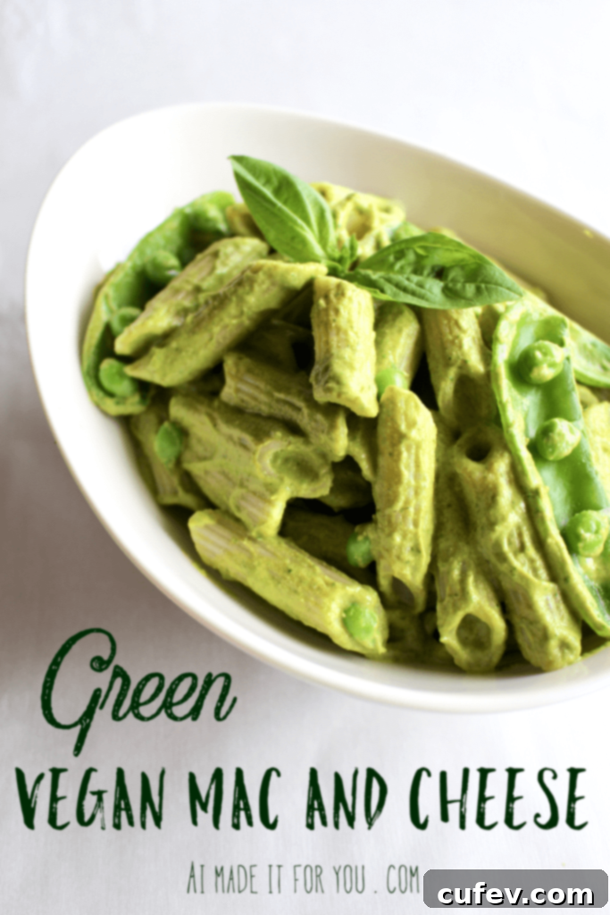 A vibrant and healthy green vegan mac and cheese dish, showcasing its natural color derived from vegetables and herbs, perfect for a nutritious meal.