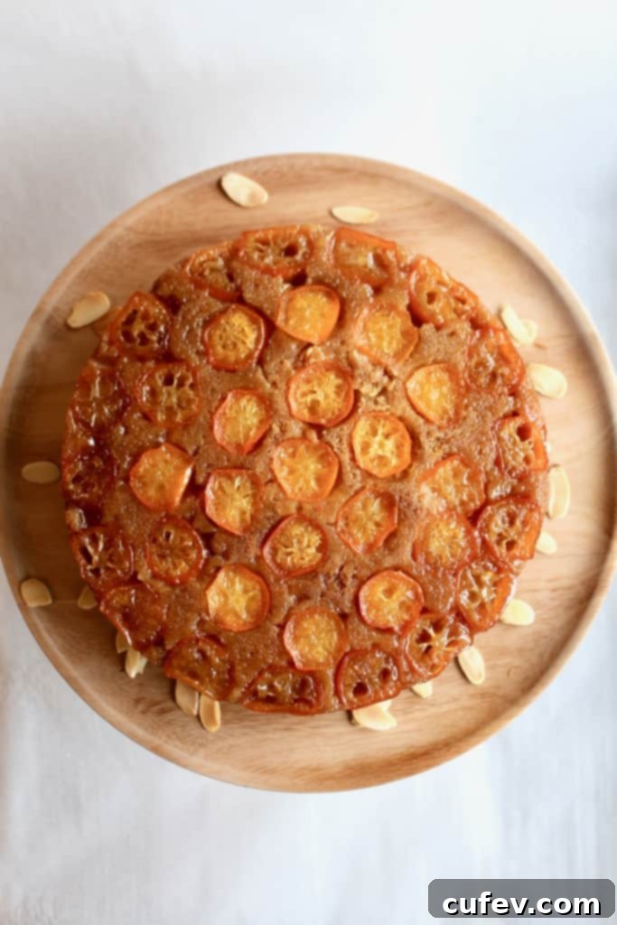 Garnished Kumquat Upside Down Cake with fresh kumquats