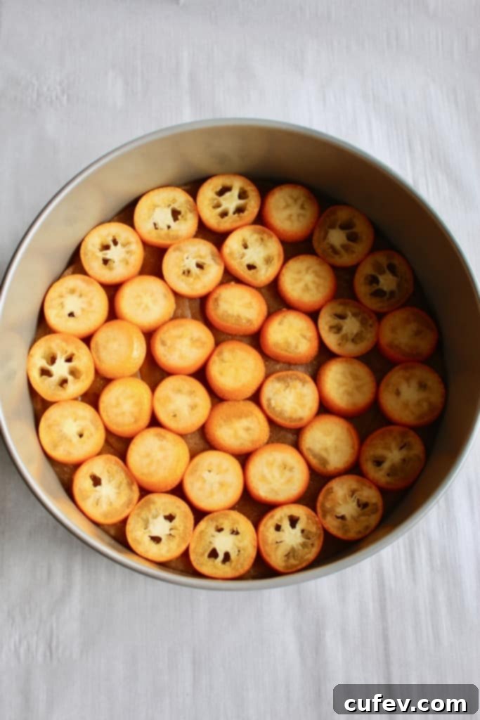 Close-up of thinly sliced kumquats arranged for the cake
