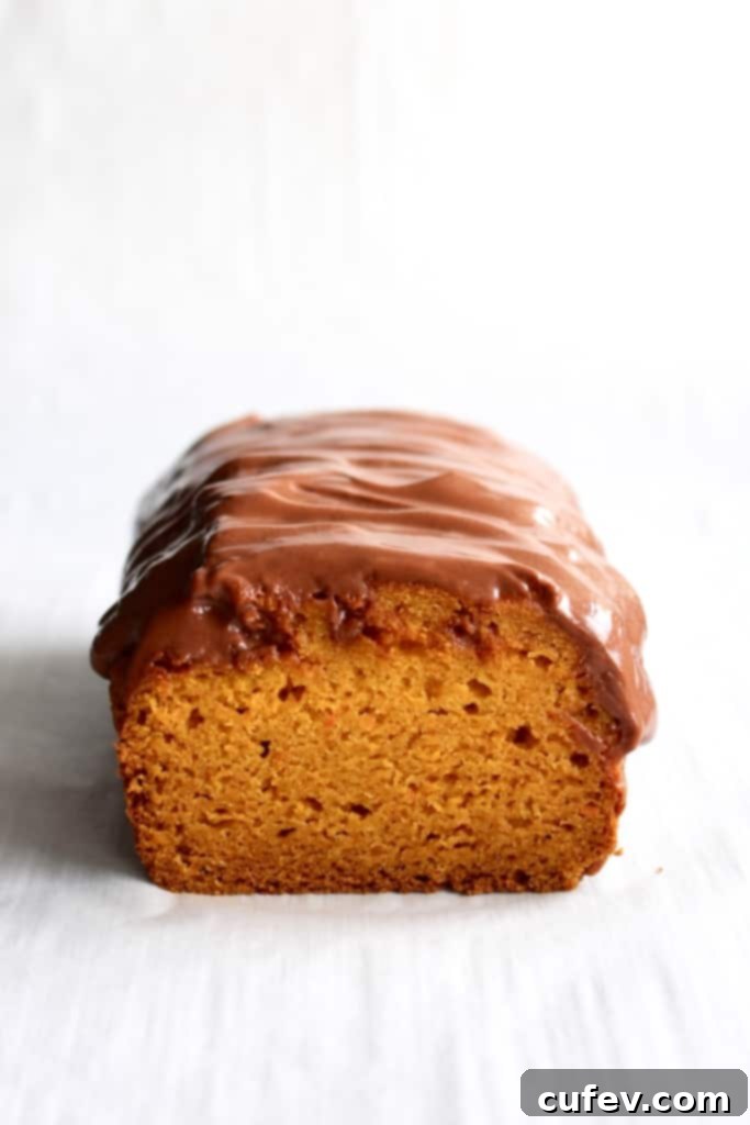 Moist Brazilian carrot cake loaf topped with dairy-free brigadeiro chocolate frosting, perfect for Easter dessert.