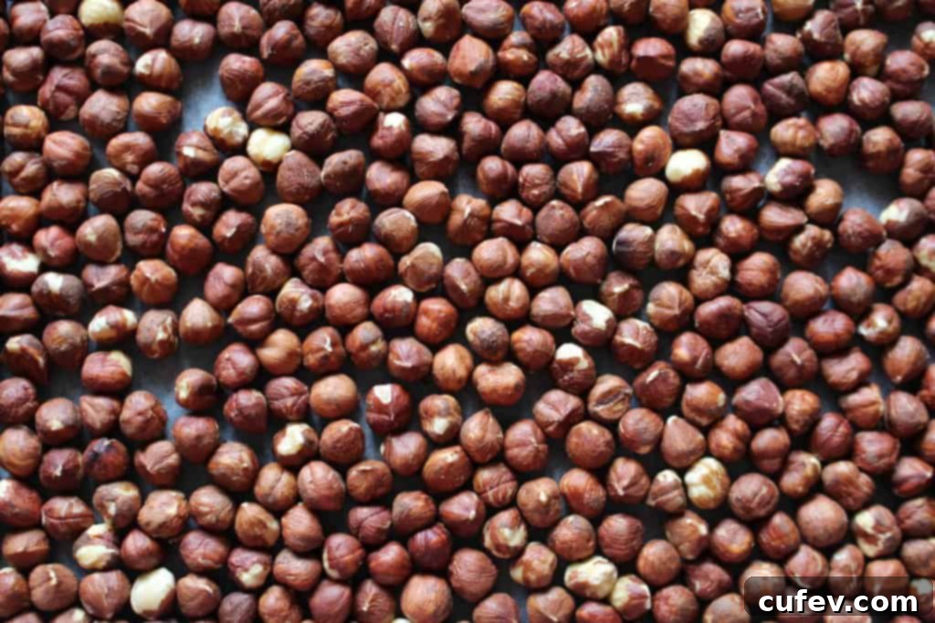 Freshly roasted hazelnuts spread on a baking sheet, golden brown and ready to be peeled.