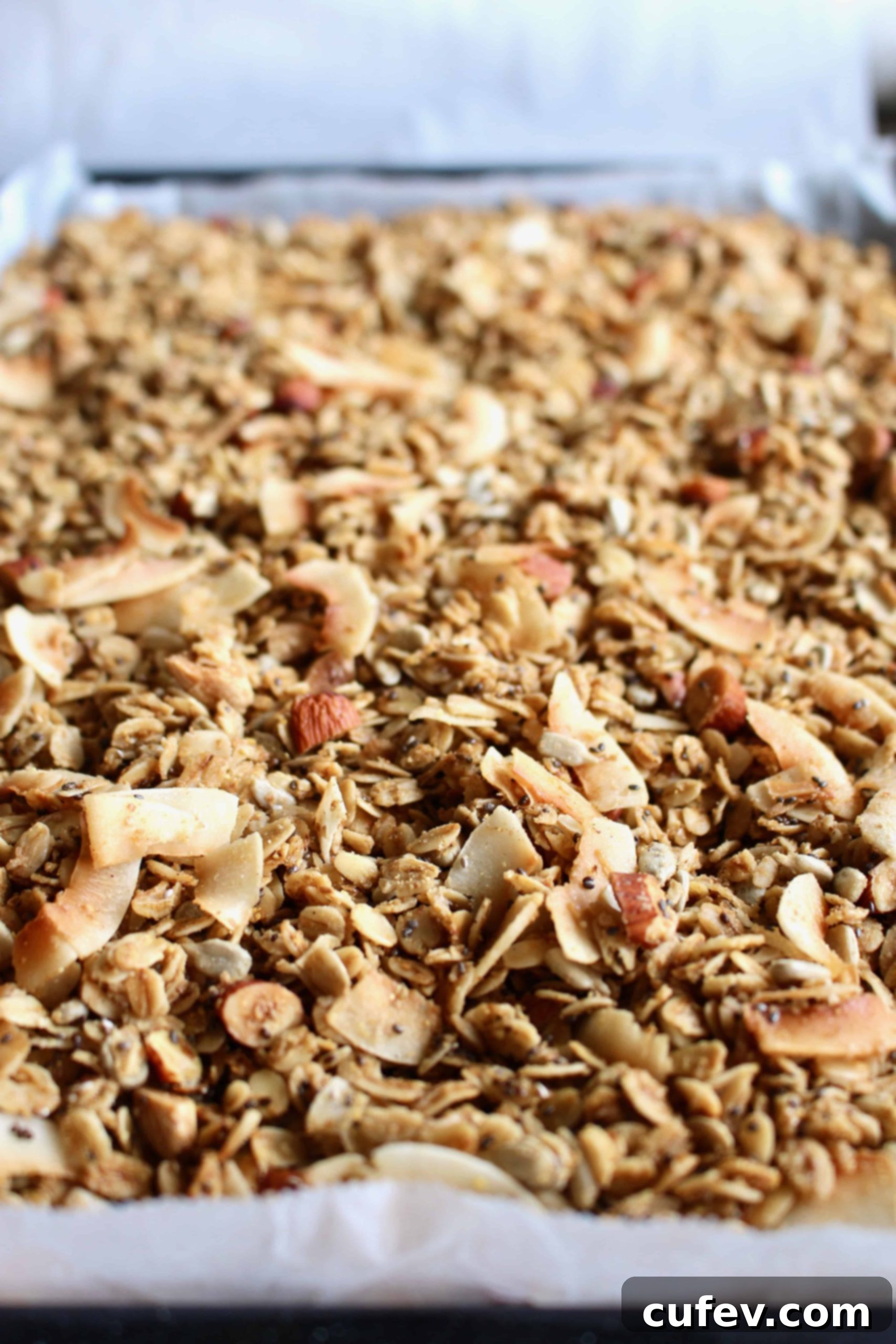 Perfectly baked gluten-free granola with golden oats, nuts, and toasted coconut on a baking sheet, cooling down.