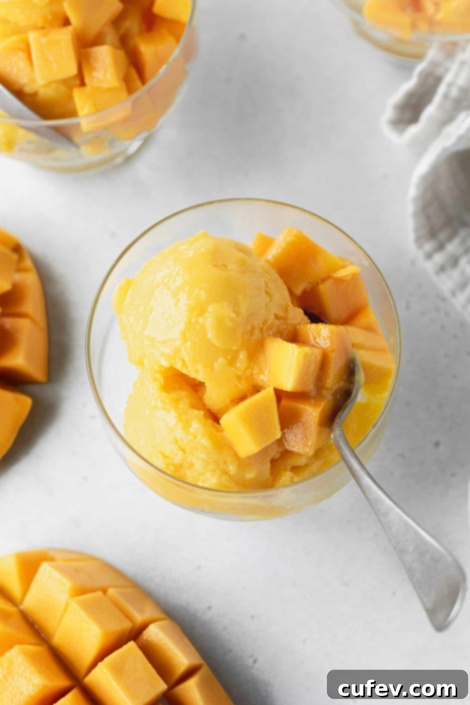 Two Ingredient Mango Sorbet 8 Close-up of mango sorbetto served in a stylish glass with fresh mango chunks and lime zest