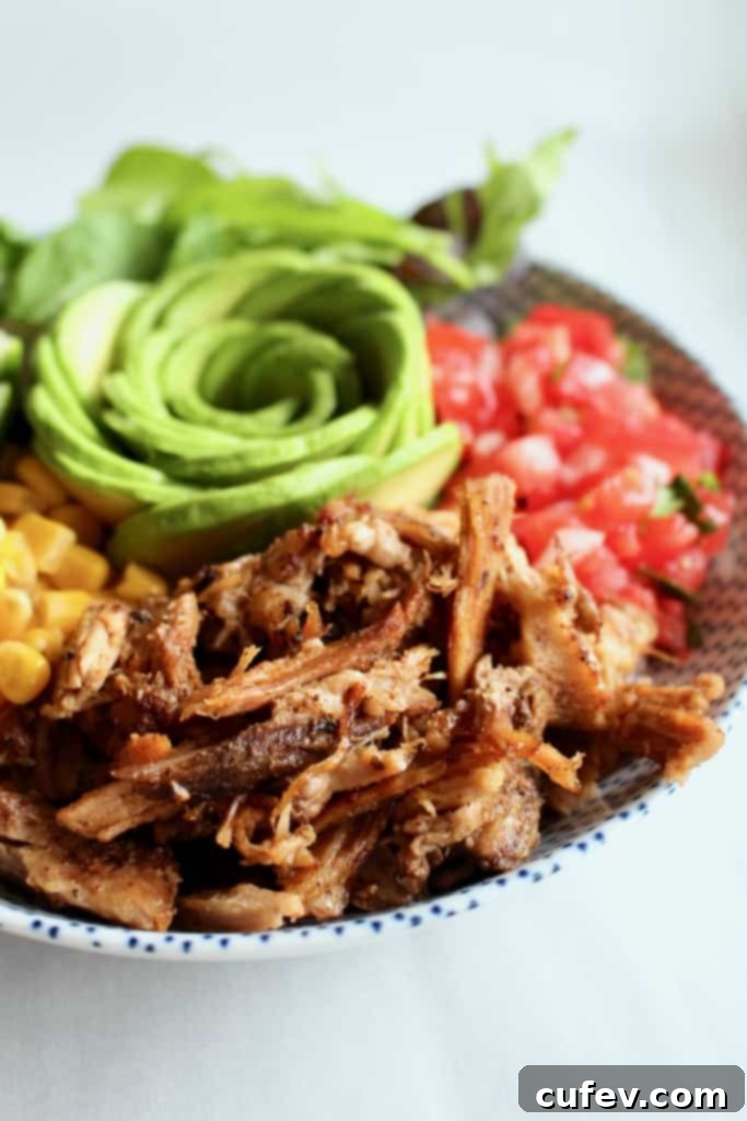 Pork carnitas on a plate with colorful vegetables.