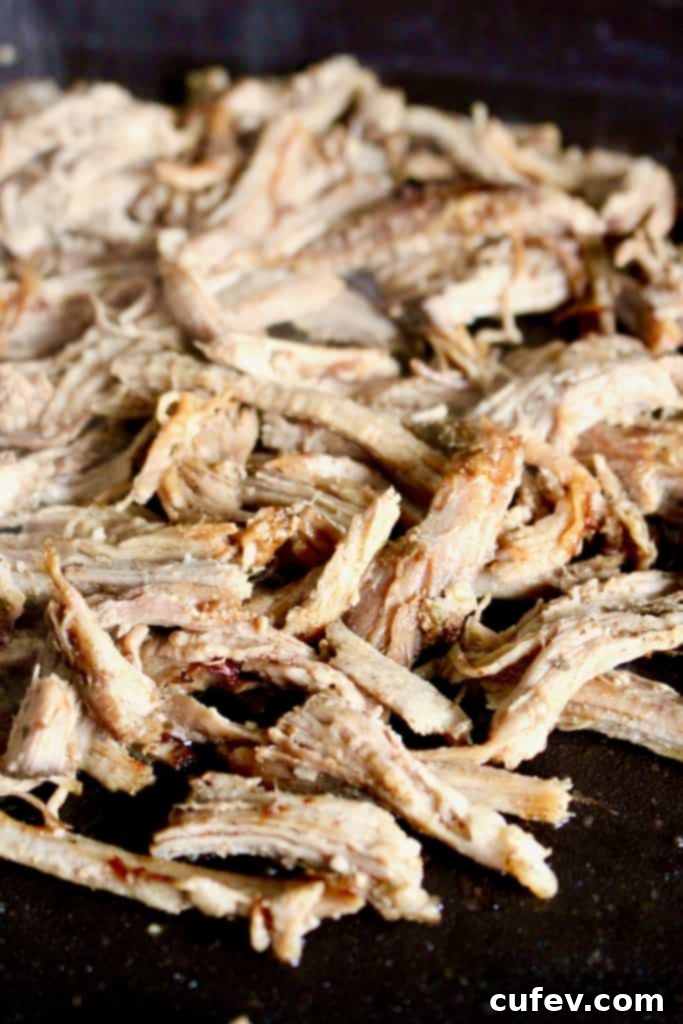 Shredded carnitas crisping up on a hot griddle.