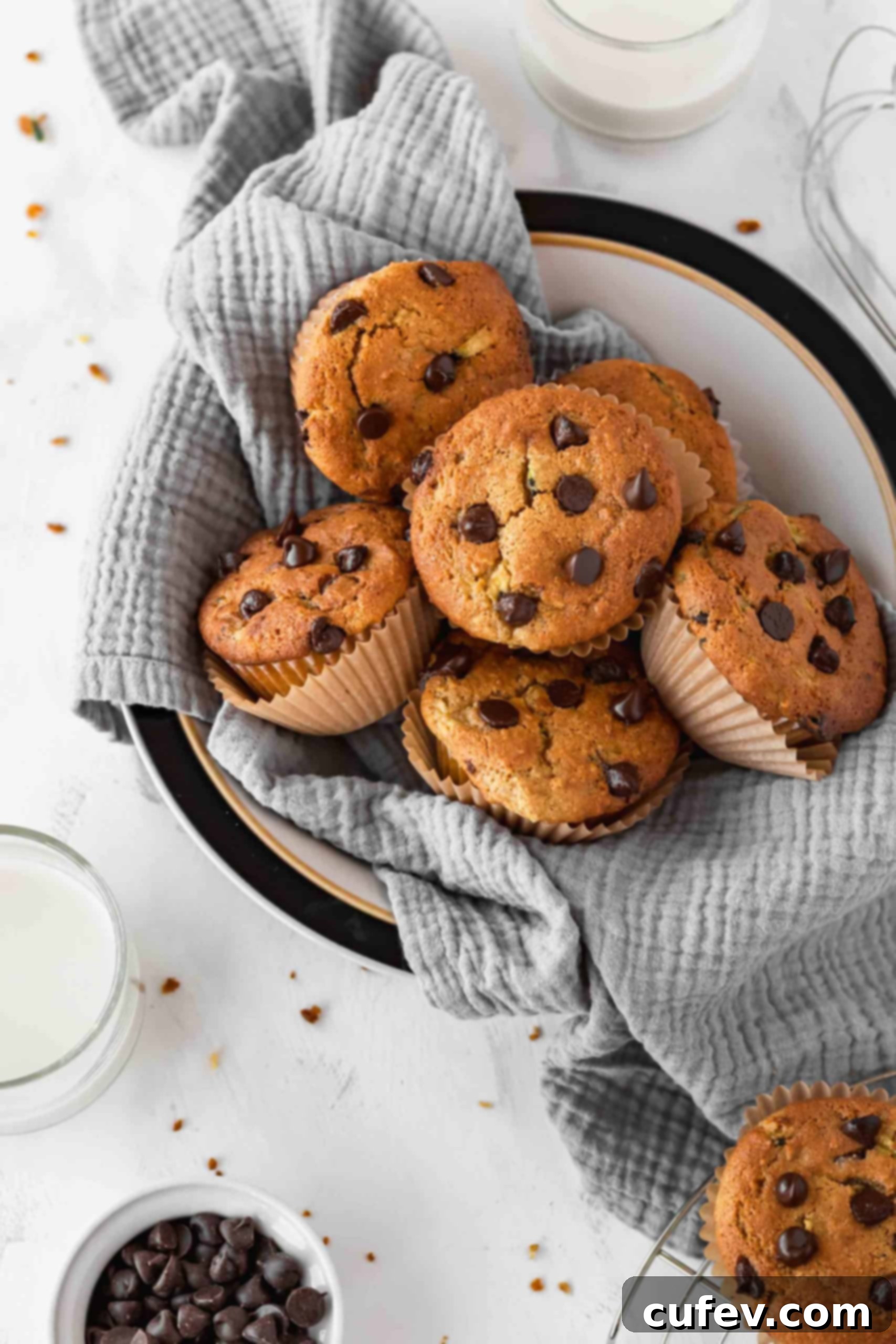 A bowl of chocolate chip zucchini muffins