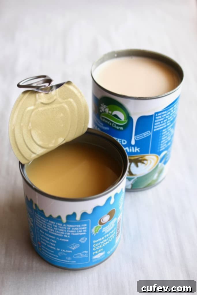 Dairy-Free Filipino Leche Flan 4 Opened cans of Nature's Charm condensed coconut milk and evaporated coconut milk