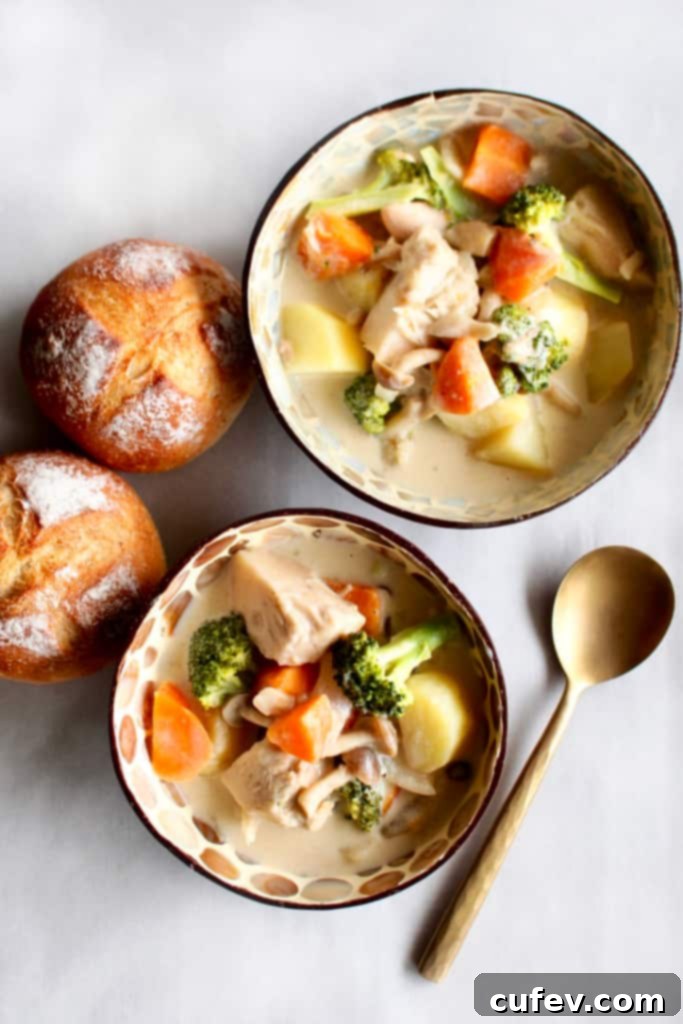 Close-up of a rustic pot filled with Vegan Japanese Cream Stew, showing chunks of jackfruit, vibrant carrots, and crisp broccoli in a thick, creamy sauce. Ideal for a hearty dinner.