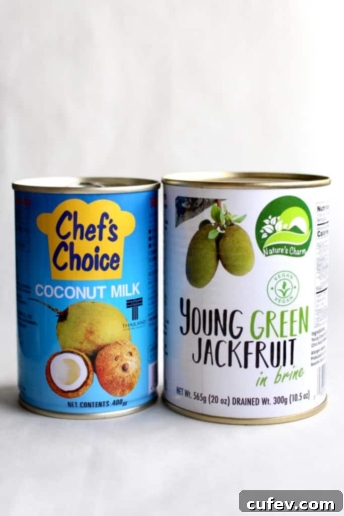 Close-up of Nature's Charm young green jackfruit in brine and Chef's Choice coconut milk can, highlighting key vegan ingredients for a creamy Japanese stew.