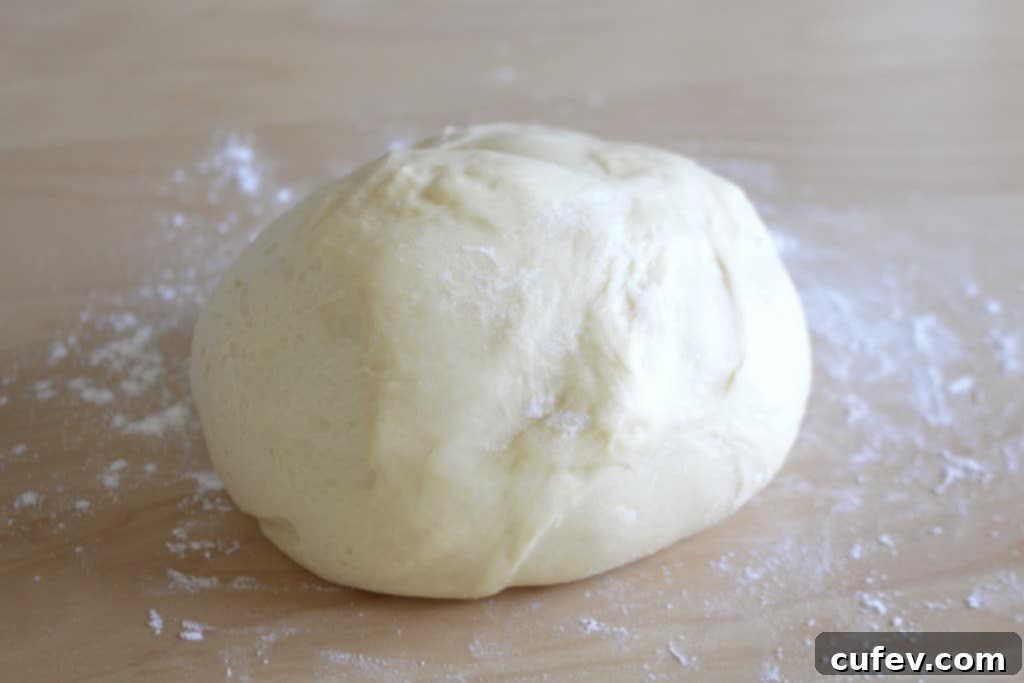 Perfectly kneaded, soft dough resting on a floured surface, covered with plastic wrap.