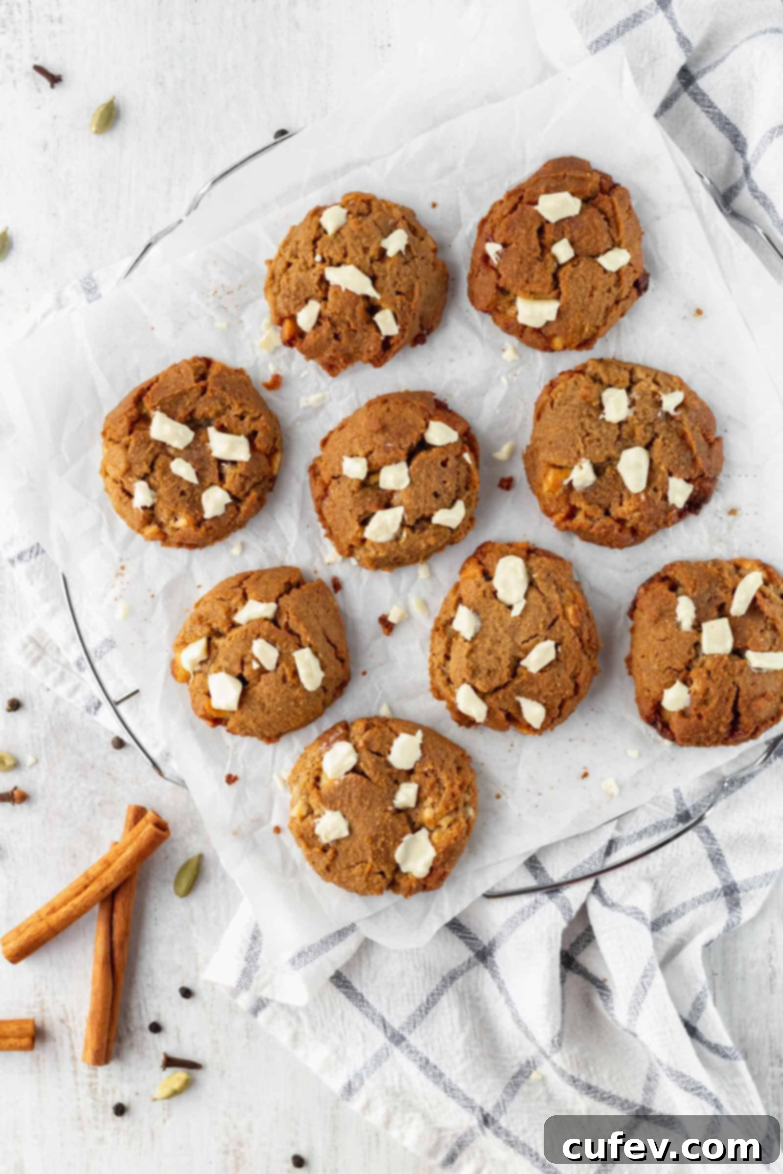 A stack of freshly baked chai white chocolate cookies on parchment paper, highlighting their soft texture and visible white chocolate chips.