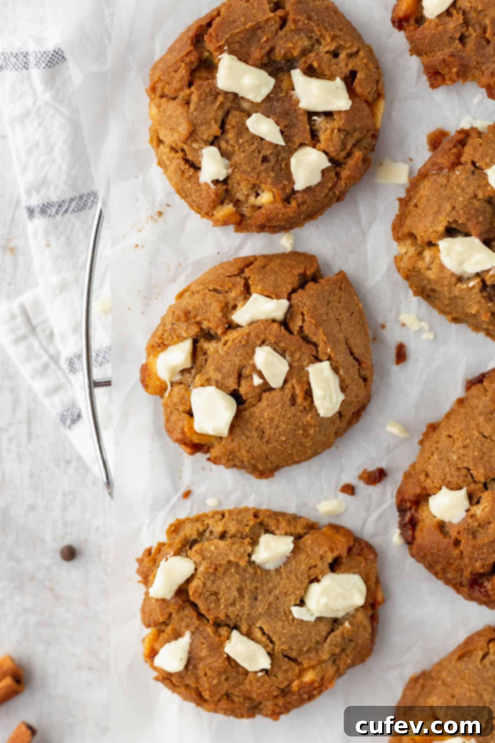 Close-up of a single chai white chocolate chickpea cookie, showing its golden-brown edges and soft interior, with specks of chai spice.