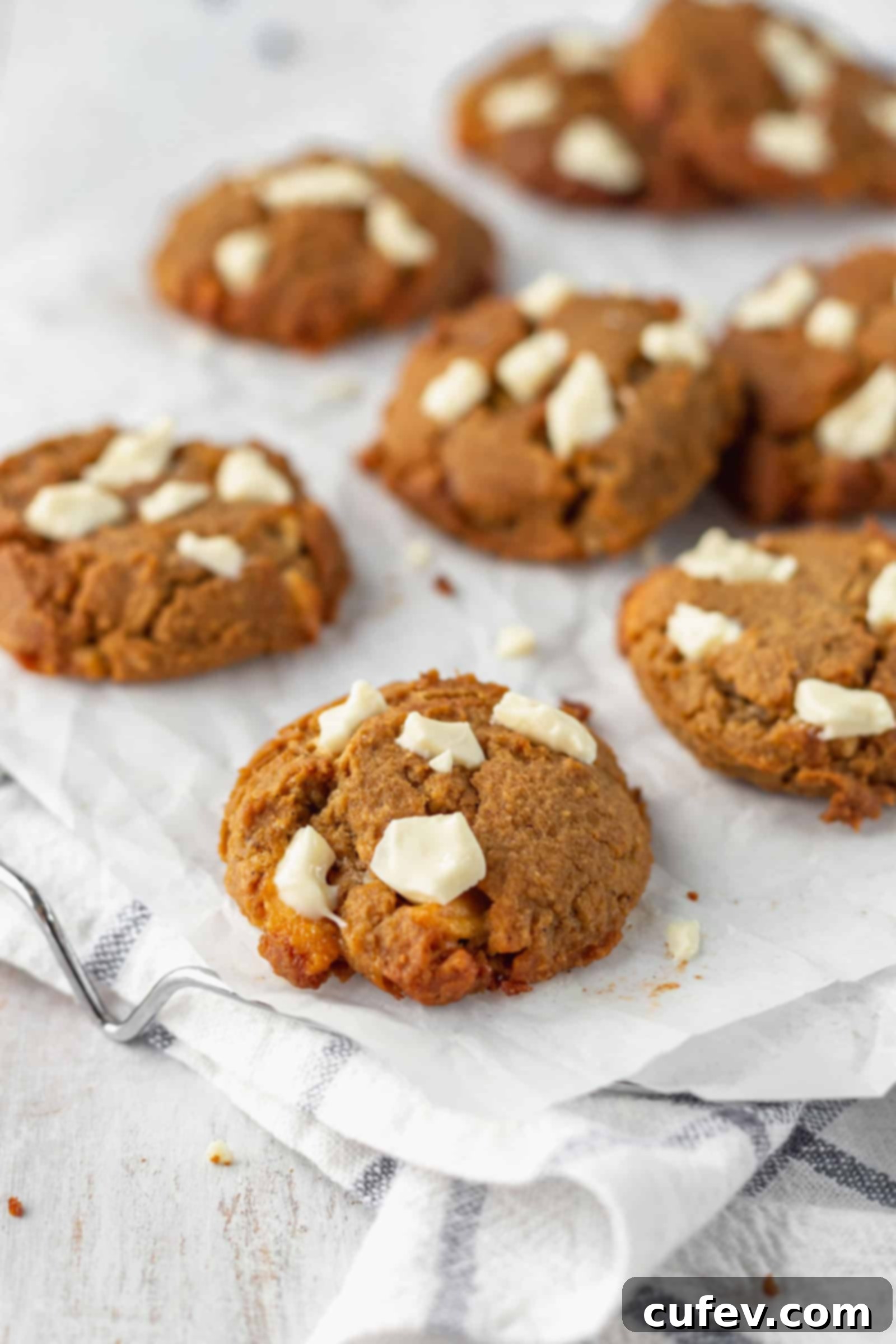 A plate of gluten-free chai white chocolate cookies, garnished with extra white chocolate chips, suggesting a perfect pairing with a warm beverage.