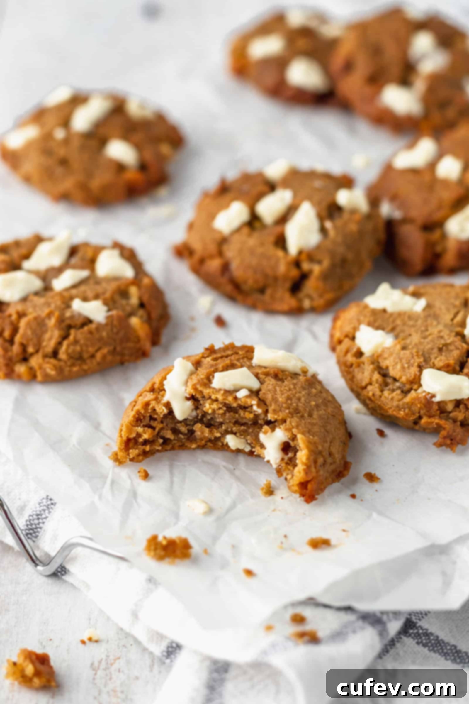 A close-up view of the baked chai white chocolate cookies still warm on the baking sheet, showing their golden hue.