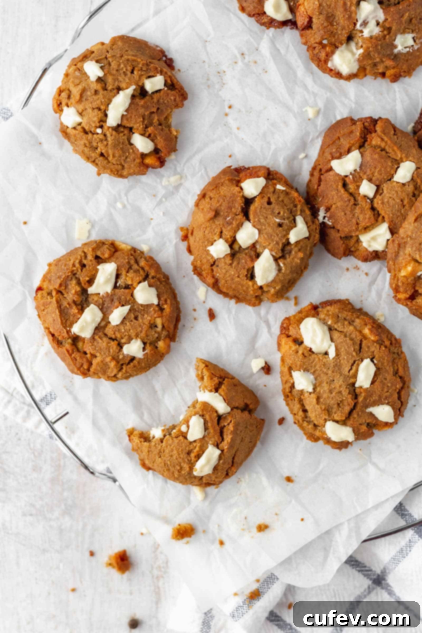 Freshly baked chai white chocolate cookies, still on the parchment paper, with a few extra white chocolate chips sprinkled on top.
