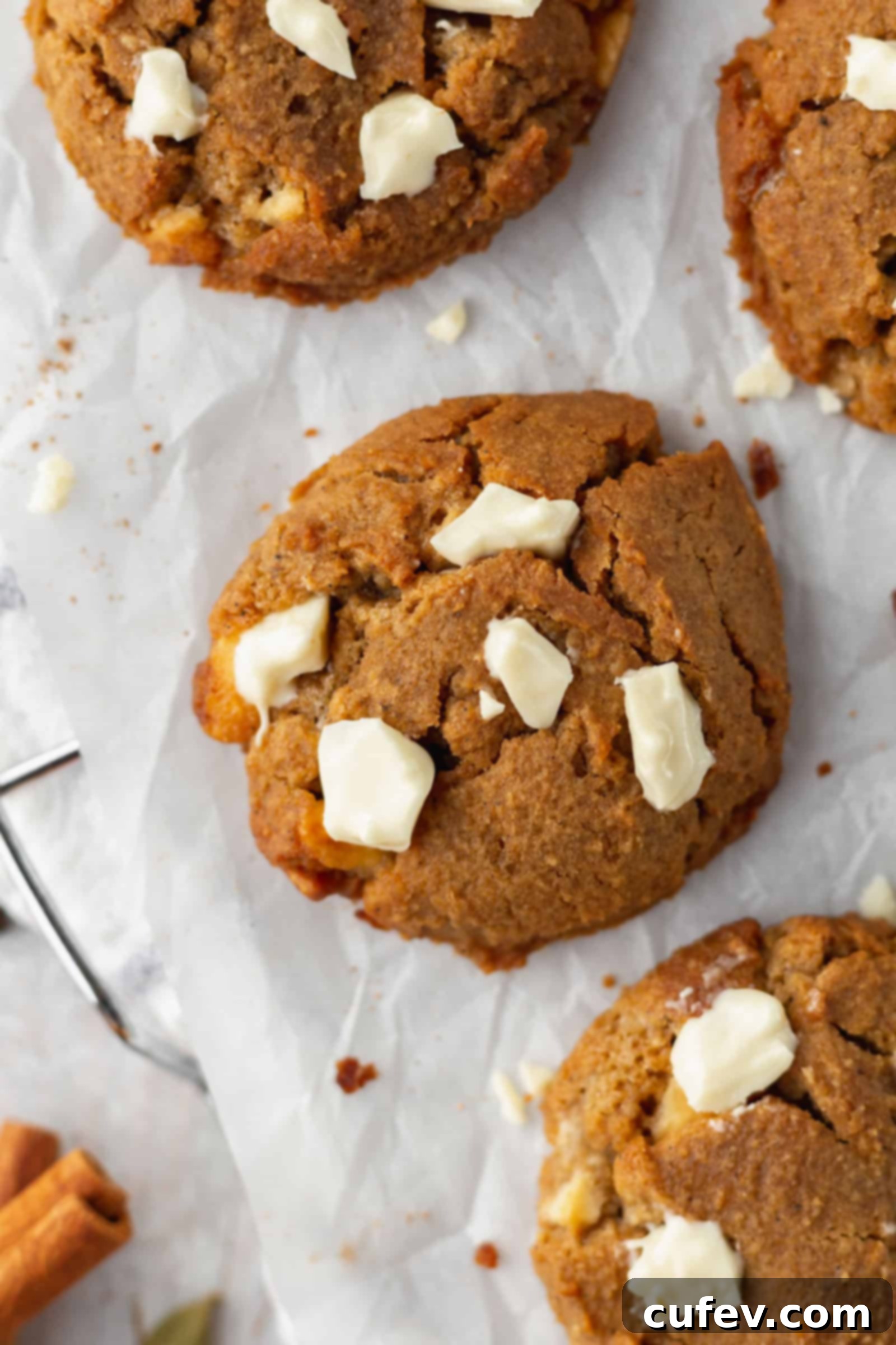 An overhead shot of several round, evenly sized chai white chocolate cookies on a baking sheet, showcasing their perfect shape.