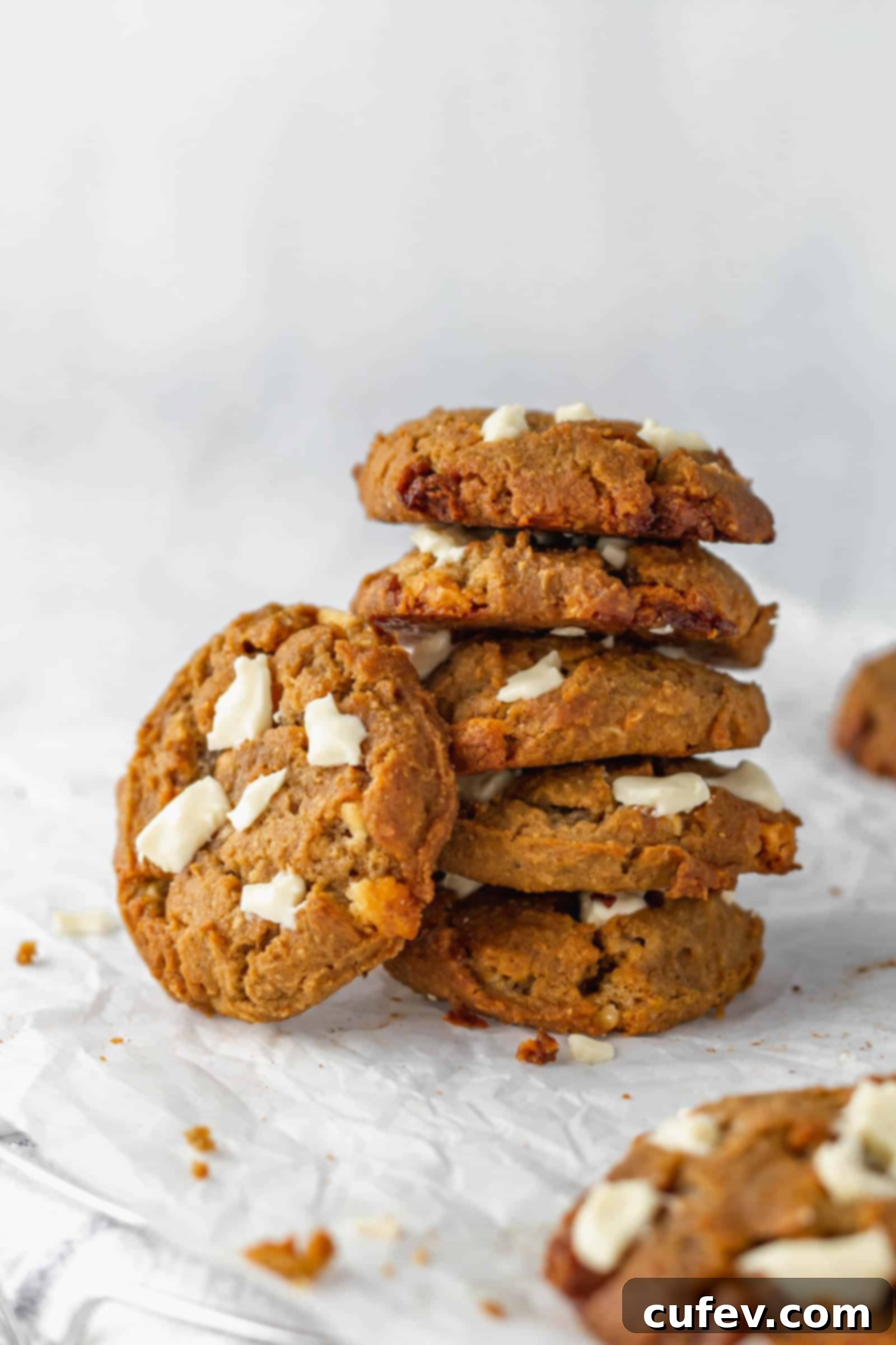 A closer view of a chai white chocolate cookie, emphasizing the soft texture and the rich blend of white chocolate and spice.