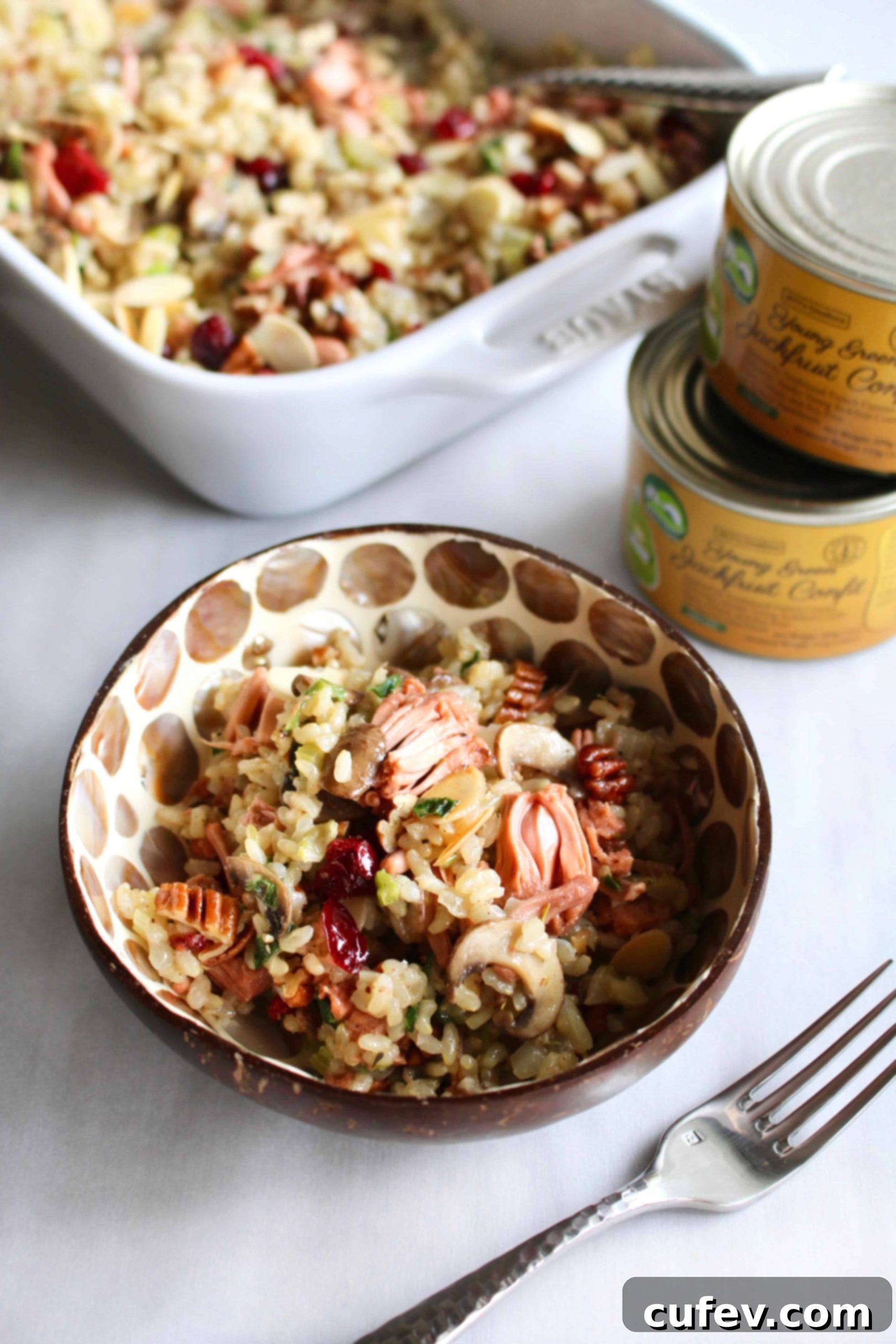 Close-up of the best vegan gluten-free rice stuffing with tender jackfruit, vibrant cranberries, and crunchy nuts, ready to be served for a holiday feast.