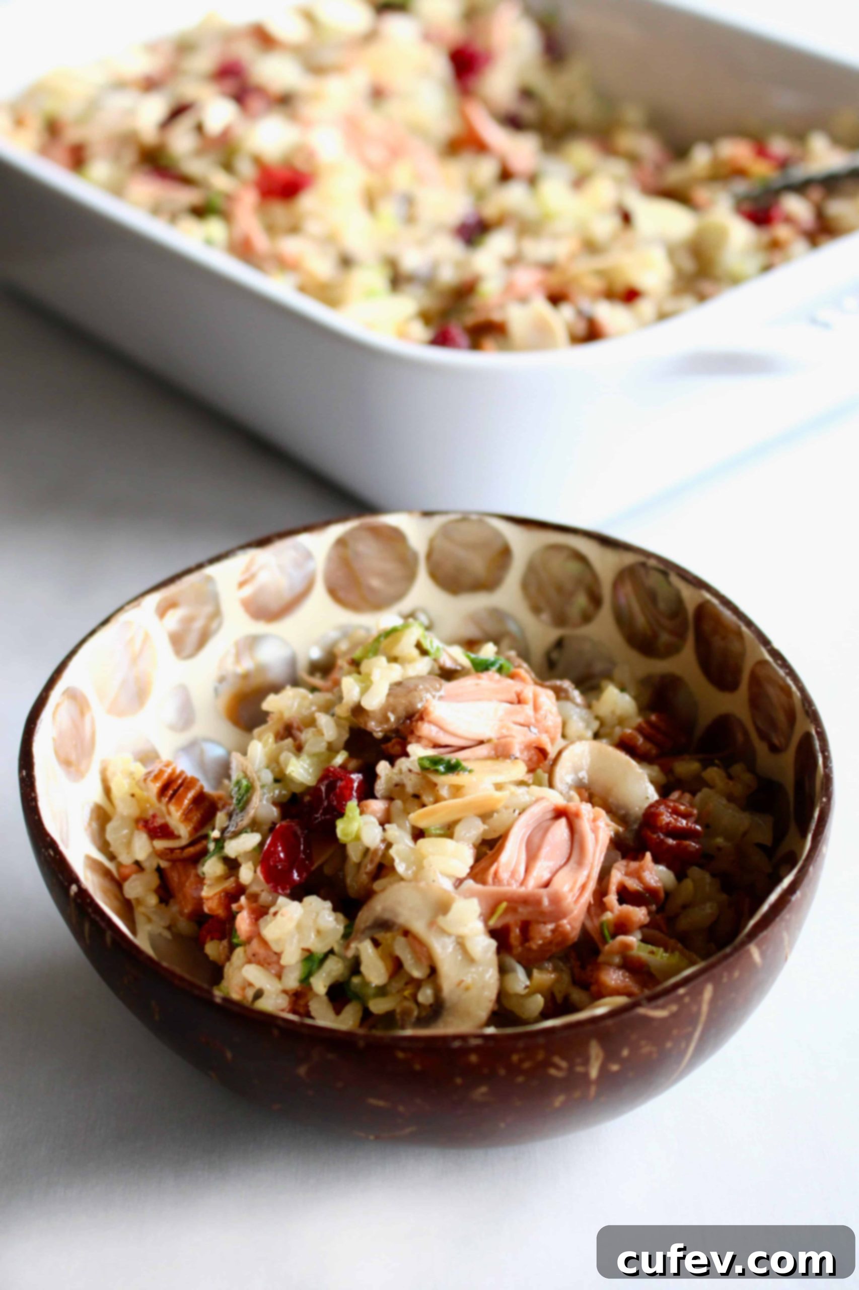 A close-up of the delicious vegan and gluten-free jackfruit rice stuffing, highlighting its vibrant ingredients and perfect texture, ready for holiday serving.