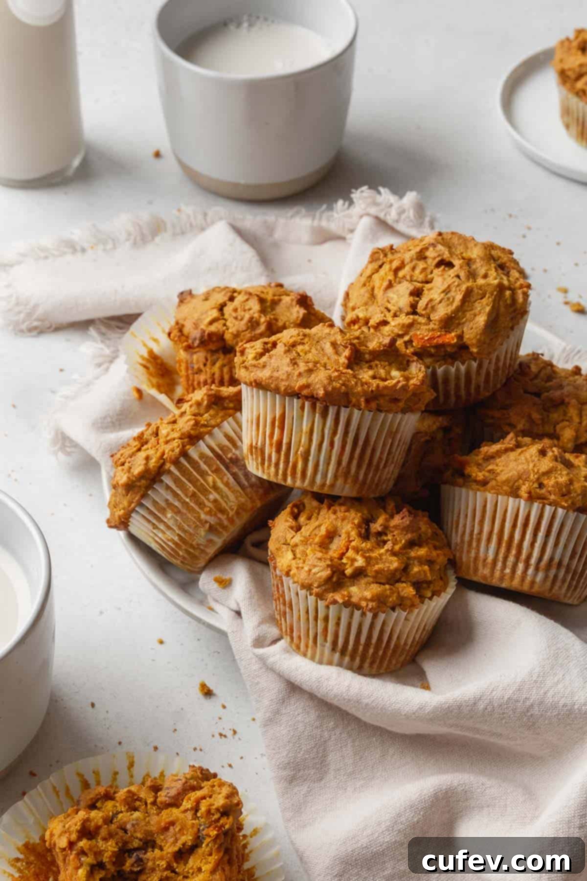 45 degree hero shot of a pile of healthy vegan morning glory muffins on a white table with a glass of vegan milk in the background.