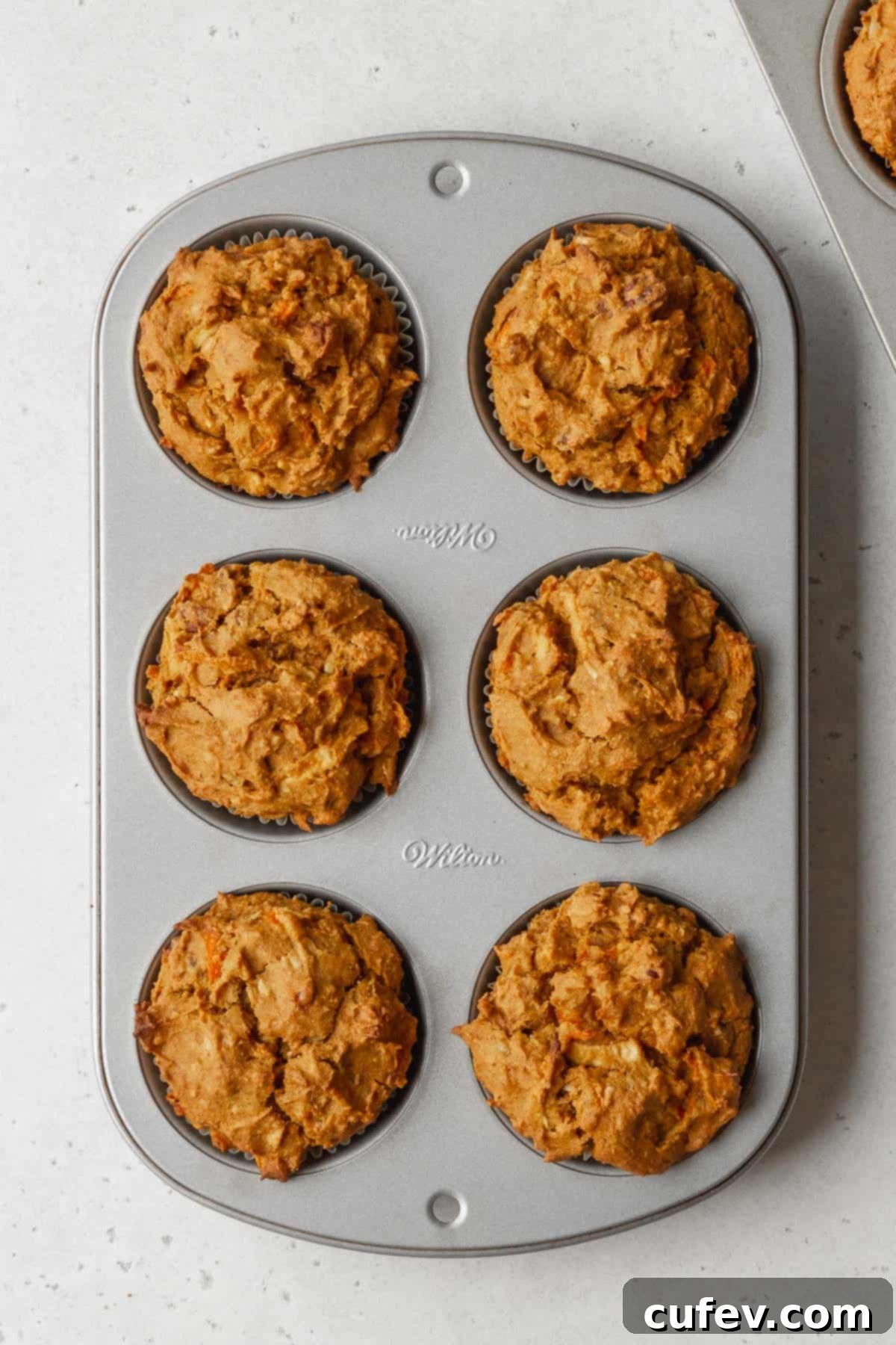 Process shot - pumpkin morning glory muffins cooling in the tin after baking.