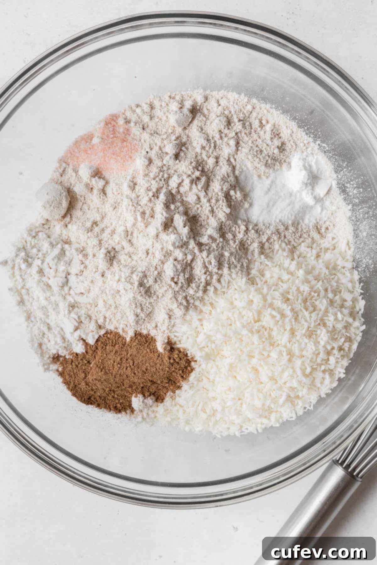 Process shot - all dry ingredients added to a mixing bowl.