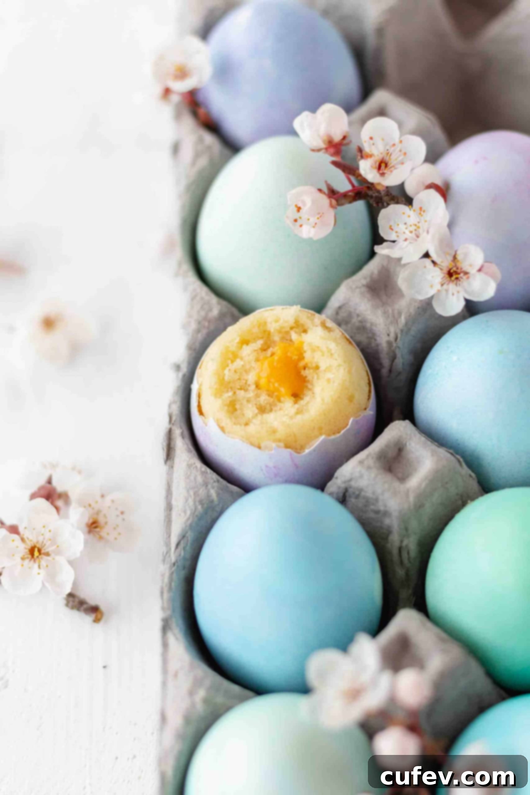 Dyed eggs in a carton with vanilla cake baked in an eggshell