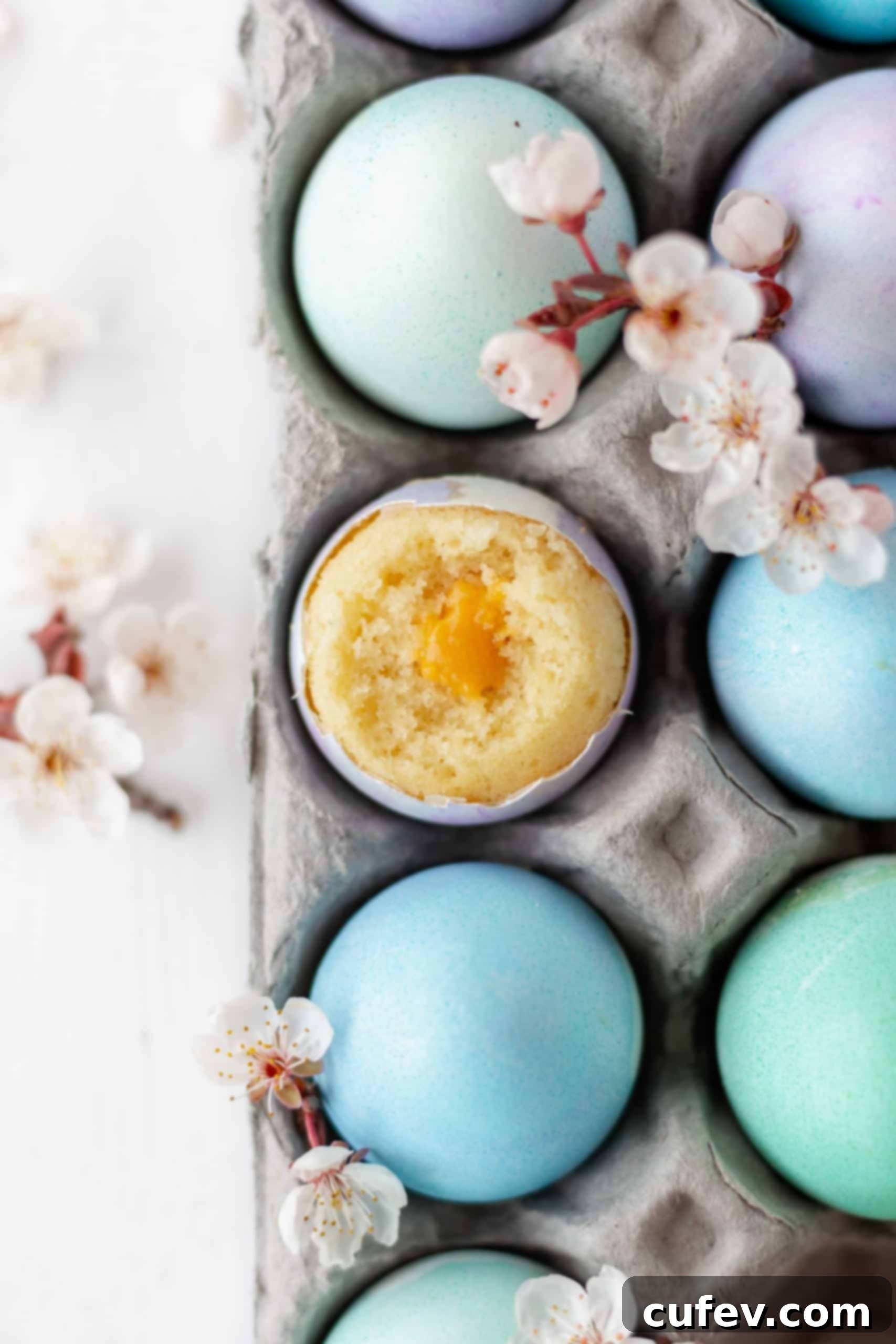 Dyed eggs in a carton with vanilla cake baked in an eggshell
