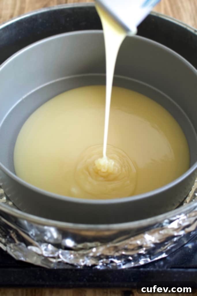 Two cans of Nature's Charm products, one sweetened condensed coconut milk and one coconut whipping cream, essential ingredients for this delicious vegan dulce de leche mille crêpe cake.