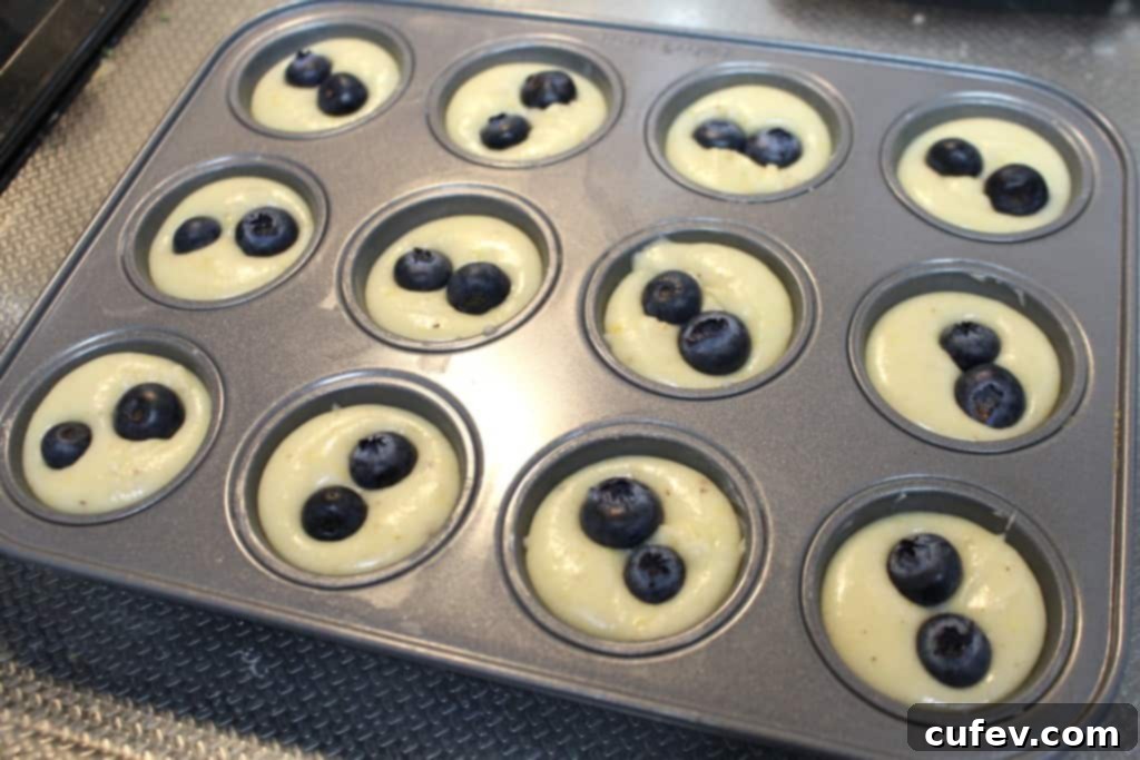 Mini muffin pan filled with financier batter and topped with fresh blueberries, ready for baking.