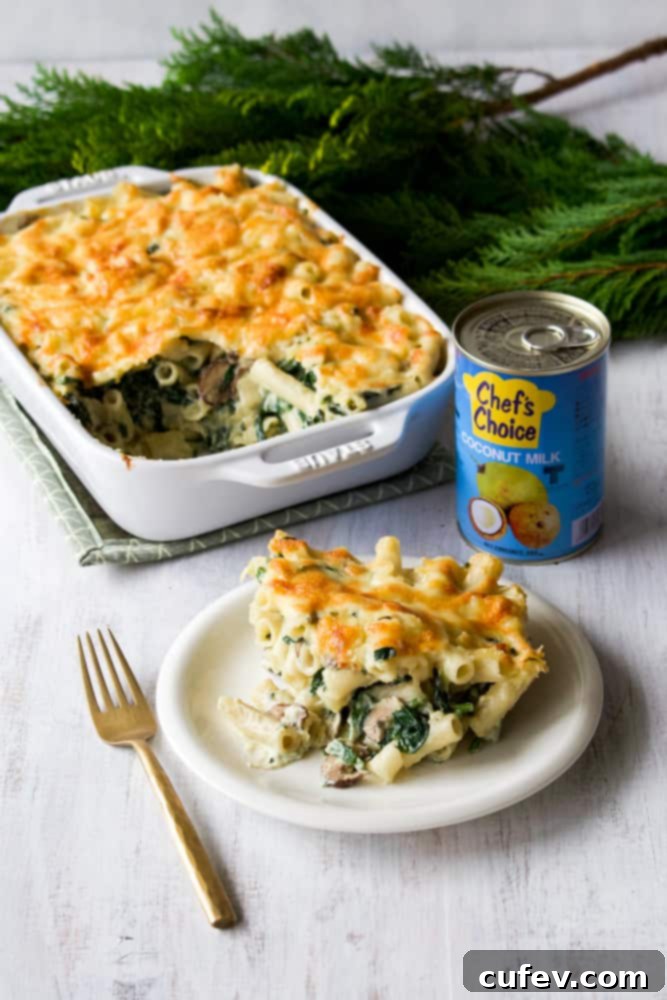 A serving of creamy vegan macaroni gratin on a white plate, showcasing its golden-brown topping and rich texture.