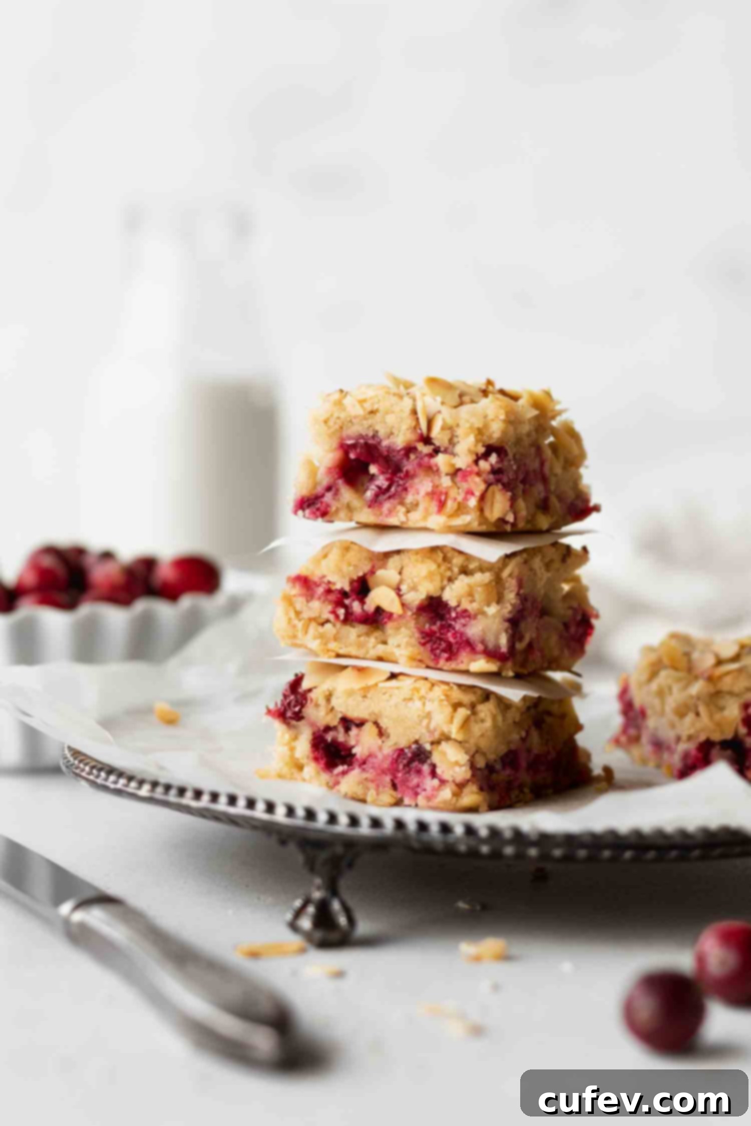 Wholesome Gluten Free Dairy Free Cranberry Oat Bars 3 A stack of gluten free and dairy free cranberry oat bars