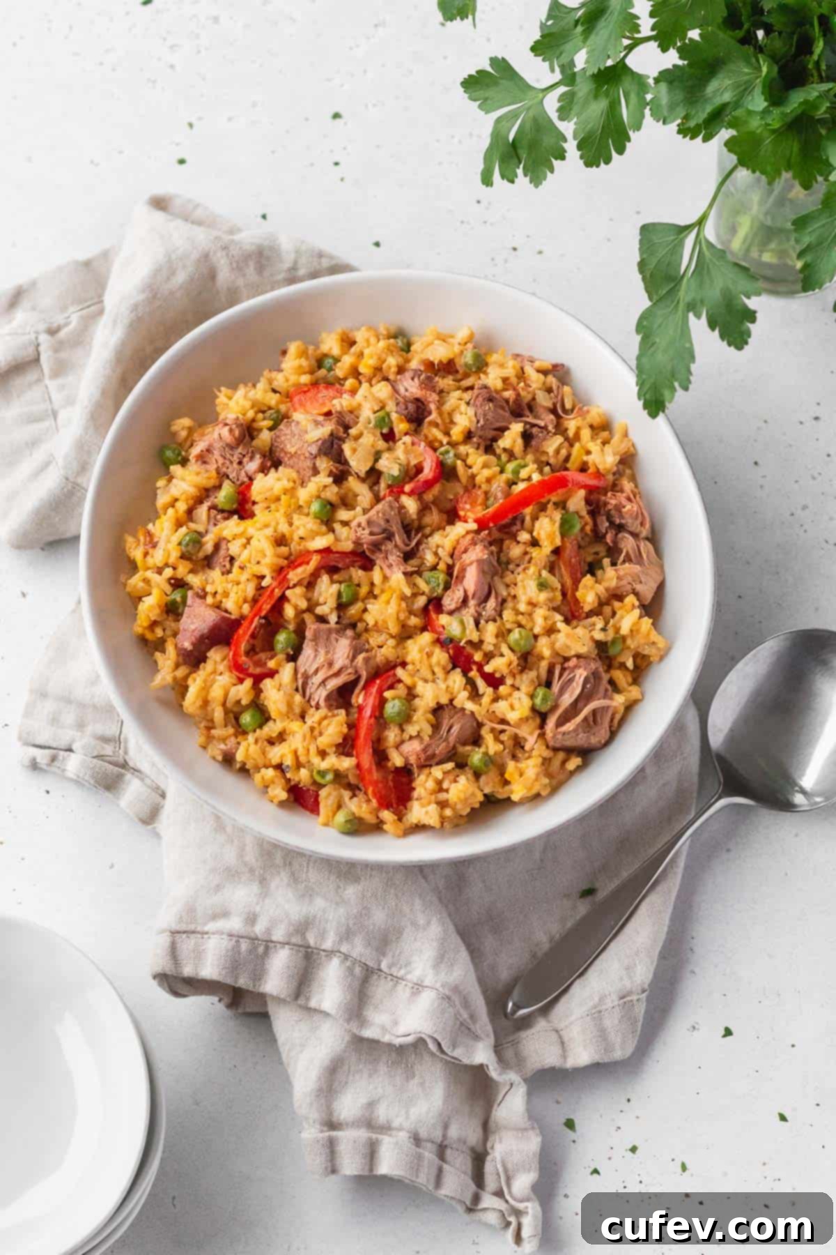 Overhead shot of vegan Arroz Valenciana in a white bowl with a spoon and natural linen.