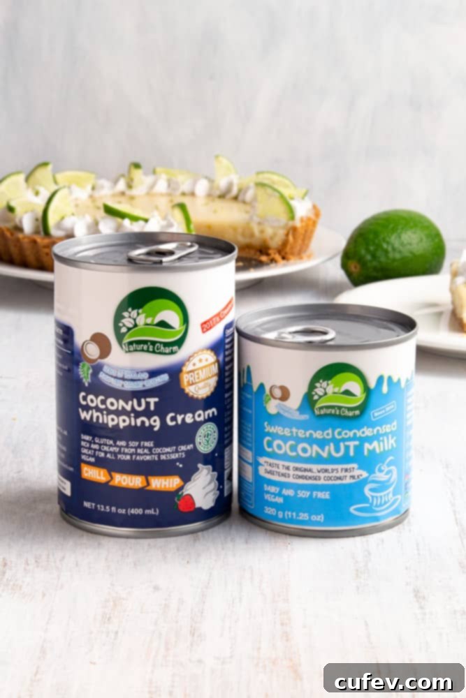 Effortless Vegan Key Lime Bliss 3 Two cans of Nature's Charm vegan products: sweetened condensed coconut milk and coconut whipping cream.