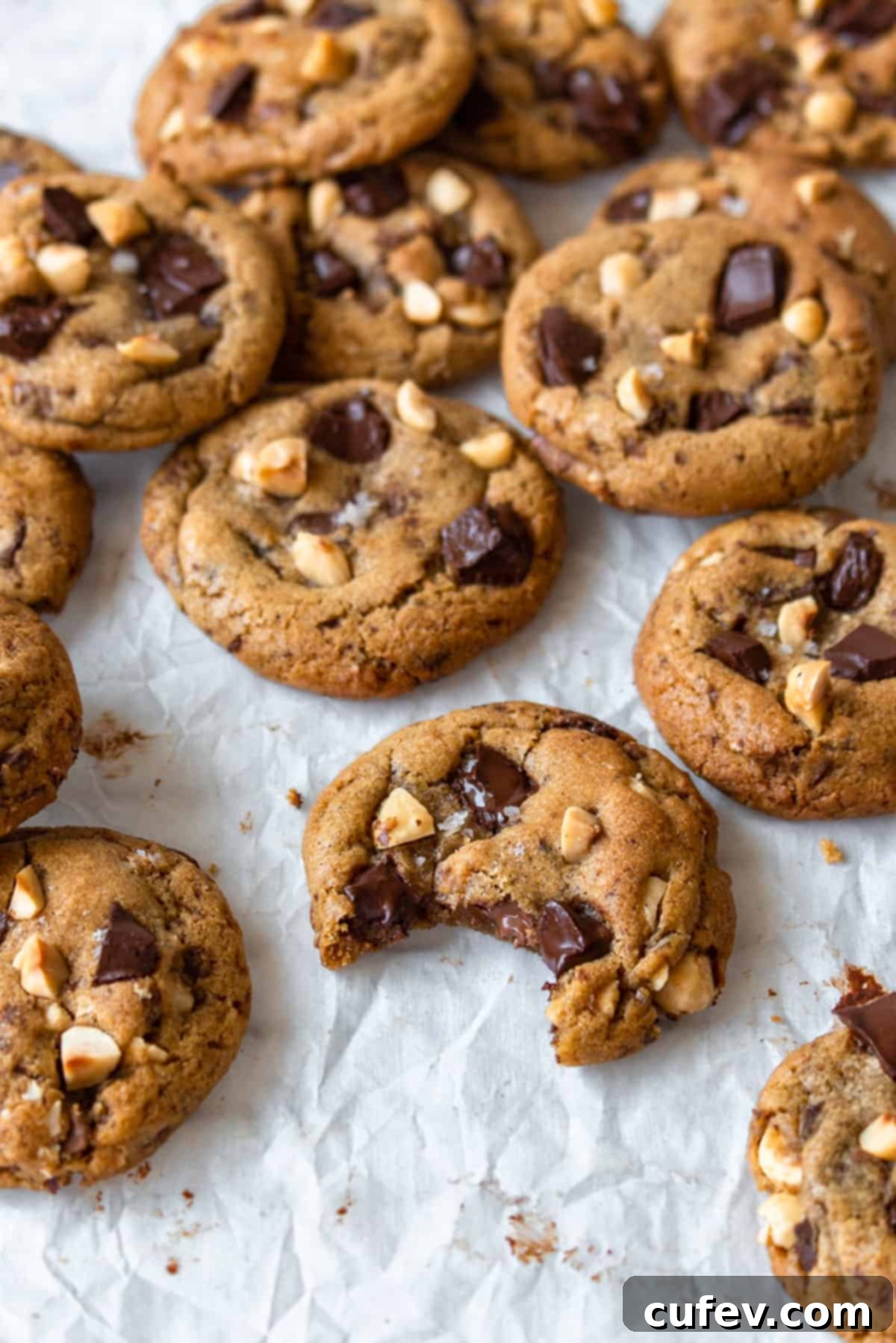 Golden brown brown butter chocolate chip cookies scattered on a pristine white surface, highlighting their perfectly crisp edges and rich chocolate pools.