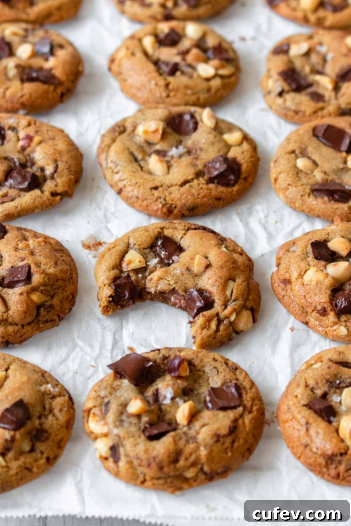 Rows of freshly baked brown butter chocolate chip cookies, one with a bite taken out, showing its delicious texture.