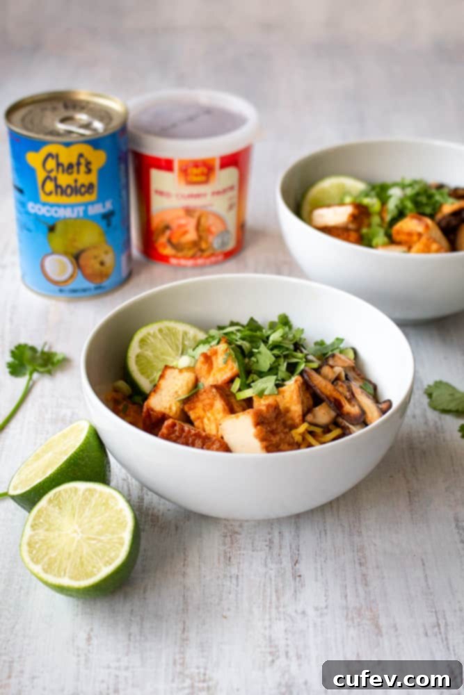 Hands holding a bowl of freshly prepared vegan Thai red curry ramen, showcasing the colorful toppings.