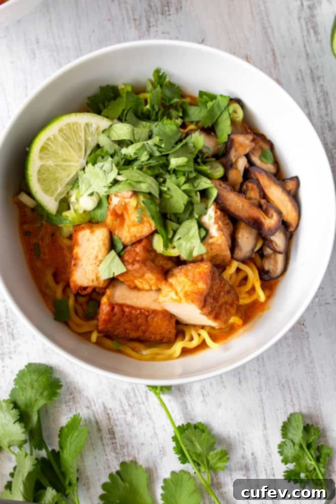 A beautifully garnished bowl of vegan ramen with deep-fried tofu, mushrooms, scallions, and cilantro.