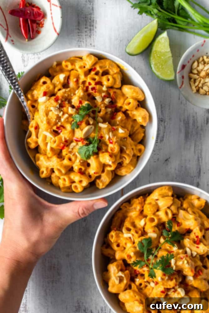This vegan red curry mac and cheese is comfort food with a kick! The addition of Thai red curry paste and lime juice gives this creamy vegan mac and cheese a spicy tang! #thaicurry #redcurry #vegan #macandcheese #macncheese #vegancheese