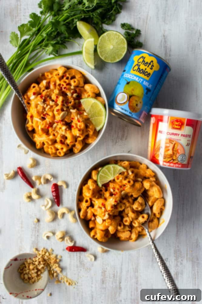 This vegan red curry mac and cheese is comfort food with a kick! The addition of Thai red curry paste and lime juice gives this creamy vegan mac and cheese a spicy tang! #thaicurry #redcurry #vegan #macandcheese #macncheese #vegancheese