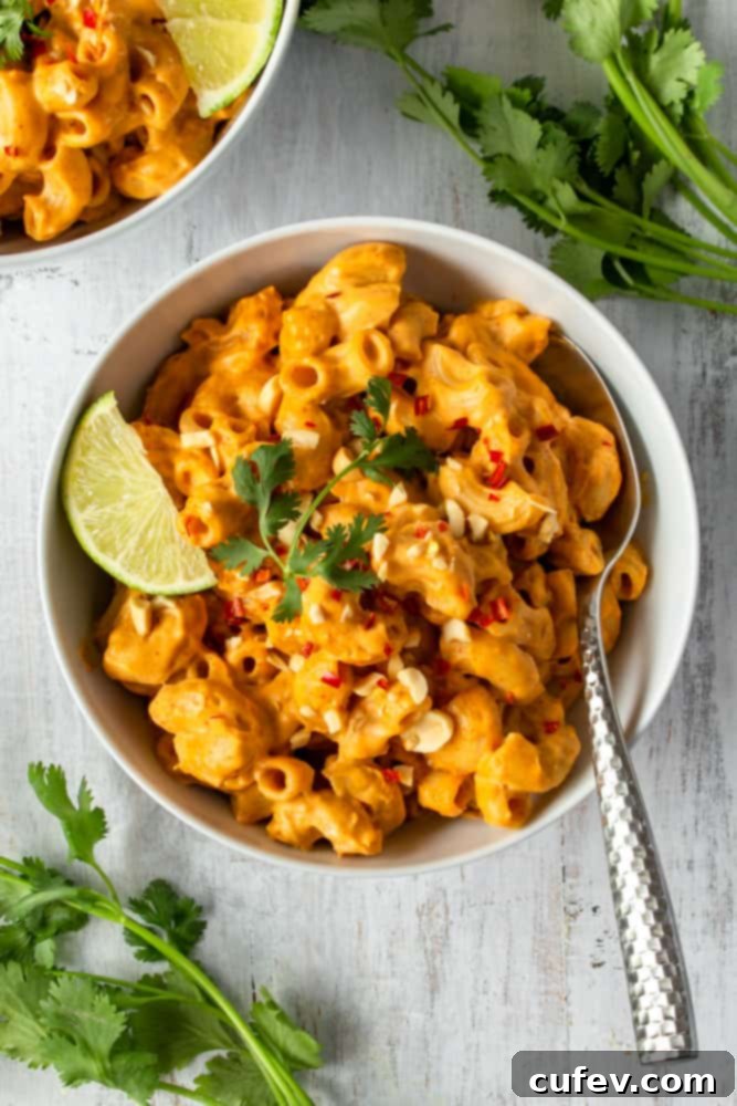 Vegan mac n cheese gets a Thai twist with the addition of spicy red curry paste and zesty tangy lime!