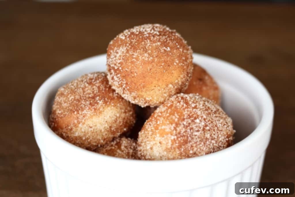A pile of cinnamon sugar doughnut holes, glistening and inviting, showcasing a delightful alternative to traditional rings.