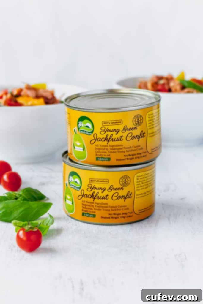 Nature’s Charm jackfruit confit is so savory and flavorful, and pairs so well with fresh tomatoes and basil