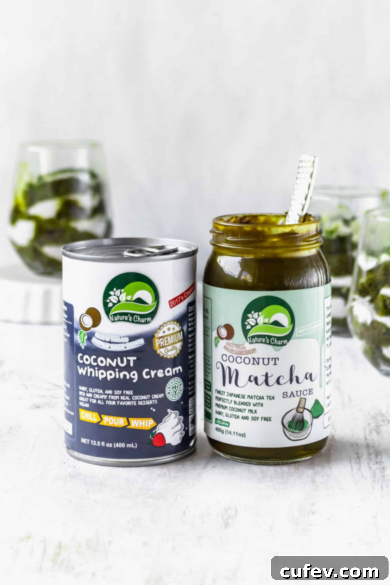 Nature's Charm coconut whipping cream and coconut matcha sauce makes this vegan dessert super easy to make!